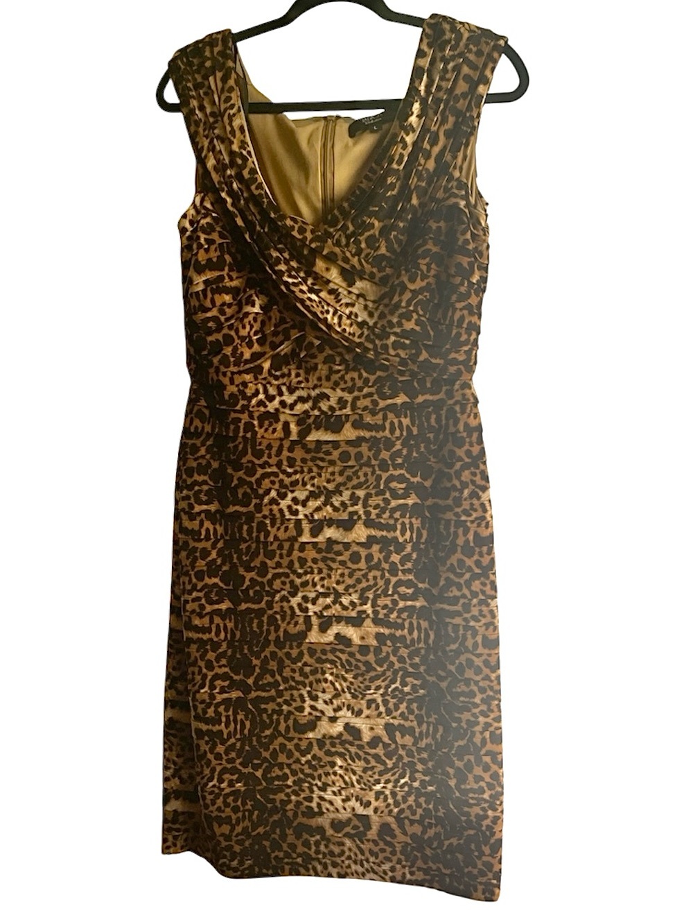 Tadashi Collection Leopard Print Ruched Sheath Cocktail Party Dress L Stretch